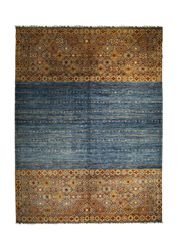 The next set:Oriental Rug Pakistani Handmade Area Transitional 8'10"x11'7" (9x12) Blue Yellow/Gold Multi-color Khorjin Geometric Design #A32923