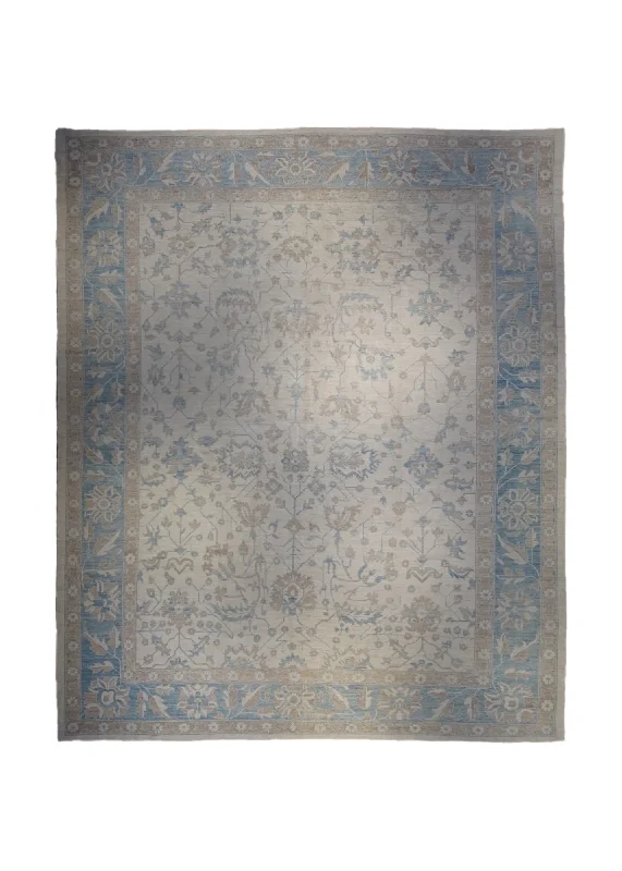 carpet for rental properties with pets -Oriental Rug Pakistani Handmade Area Transitional Neutral 12'7"x15'1" (13x15) Whites/Beige Blue Gray Silver Wash Oushak Floral Design #A32867