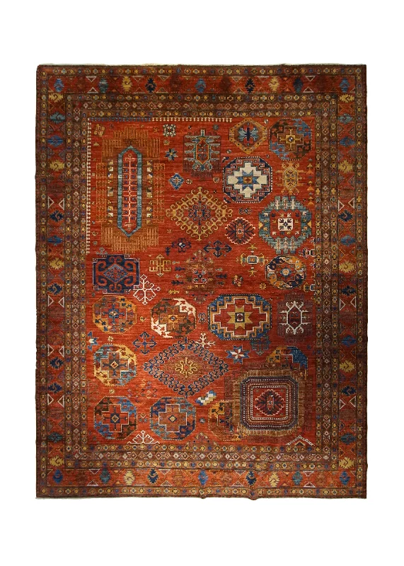 carpet for homes with radiant floor heating -Oriental Rug Pakistani Handmade Area Transitional Tribal 10'1"x13'0" (10x13) Red Kazak Geometric Design #A33434