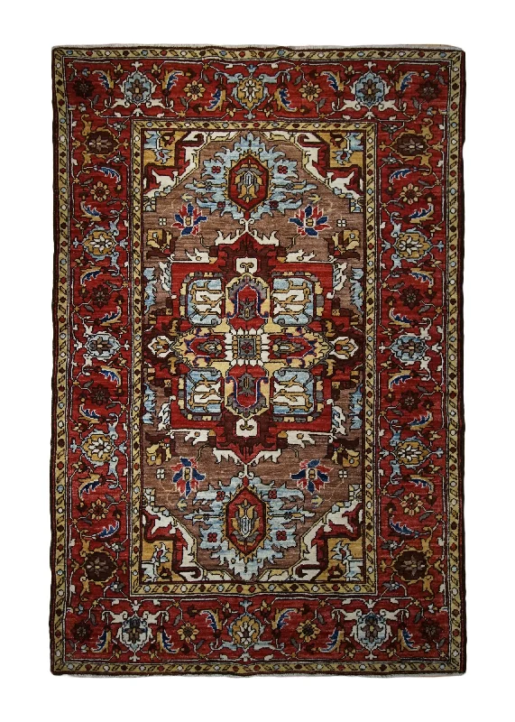 comfortable carpet for senior living spaces -Oriental Rug Pakistani Handmade Area Transitional Tribal 4'2"x6'1" (4x6) Red Heriz Geometric Design #A32873