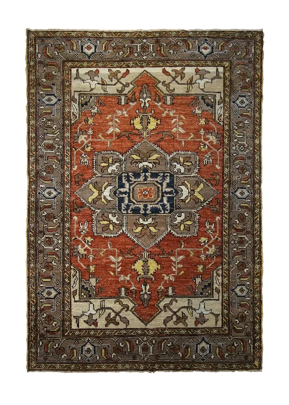 contemporary carpet for urban apartments -Oriental Rug Pakistani Handmade Area Transitional Tribal 4'1"x6'0" (4x6) Red Whites/Beige Brown Heriz Geometric Design #A32868