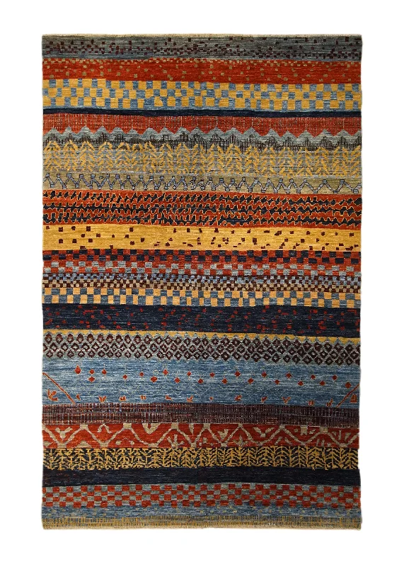 indoor-outdoor carpet for deck areas -Oriental Rug Pakistani Handmade Area Transitional Tribal 5'11"x9'0" (6x9) Blue Red Yellow/Gold Gabbeh Geometric Design #A32902