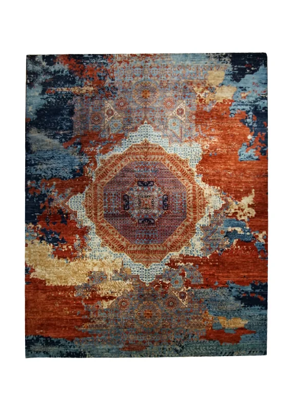 stain-resistant carpet for everyday use -Oriental Rug Pakistani Handmade Area Transitional Tribal 7'11"x9'9" (8x10) Blue Red Mamluk Floral Erased Abstract Design #A33377