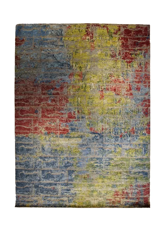 carpet for areas with heavy furniture movement -Oriental Rug Pakistani Handmade Area Modern 9'2"x12'5" (9x12) Multi-color Green Blue Faryab Splatter Abstract Design #A33468