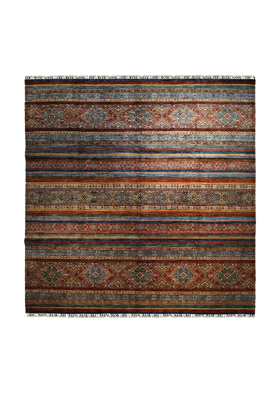 carpet for offices with ergonomic designs -Oriental Rug Pakistani Handmade Square Transitional 9'9"x9'9" (10x10) Red Blue Multi-color Khorjin Geometric Design #A32925