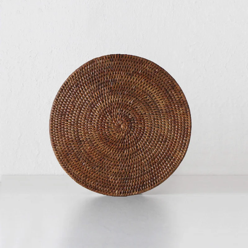 Family placemat set for table-PAUME RATTAN ROUND PLACEMAT  |  SET OF 6  |  ANTIQUE BROWN RATTAN