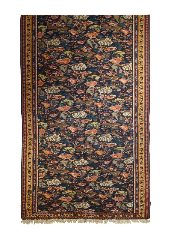 durable carpet for pet-heavy households -Persian Rug Bijar Handmade Area Traditional Antique 5'0"x12'7" (5x13) Blue Yellow/Gold Kilim Floral Design #A33021