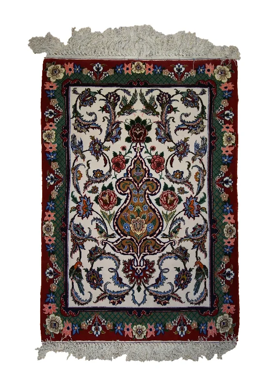 eco-friendly synthetic carpet for homes -Persian Rug Isfahan Handmade Area Traditional 2'7"x3'9" (3x4) Whites/Beige Red Green Floral Animals Design #A32999