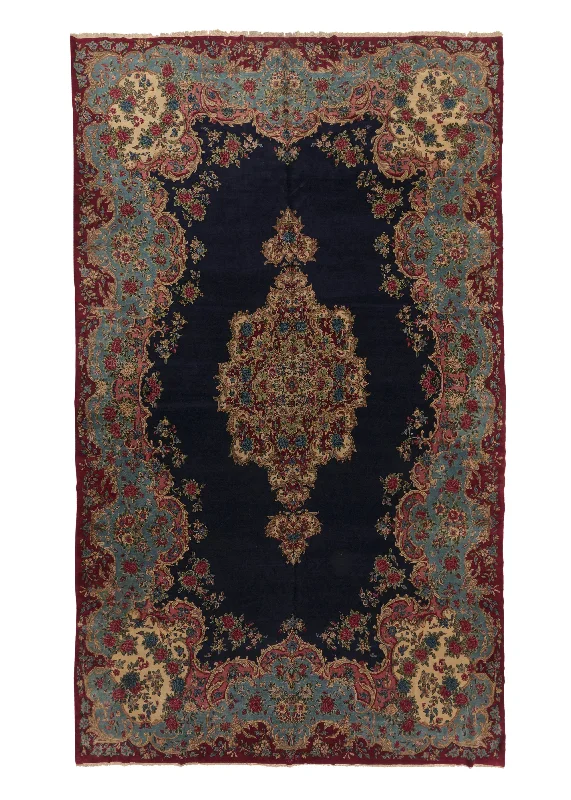 comfortable carpet for senior living spaces -Persian Rug Kerman Handmade Area Traditional 11'1"x19'9" (11x20) Blue Red Open Field Floral Design #4169