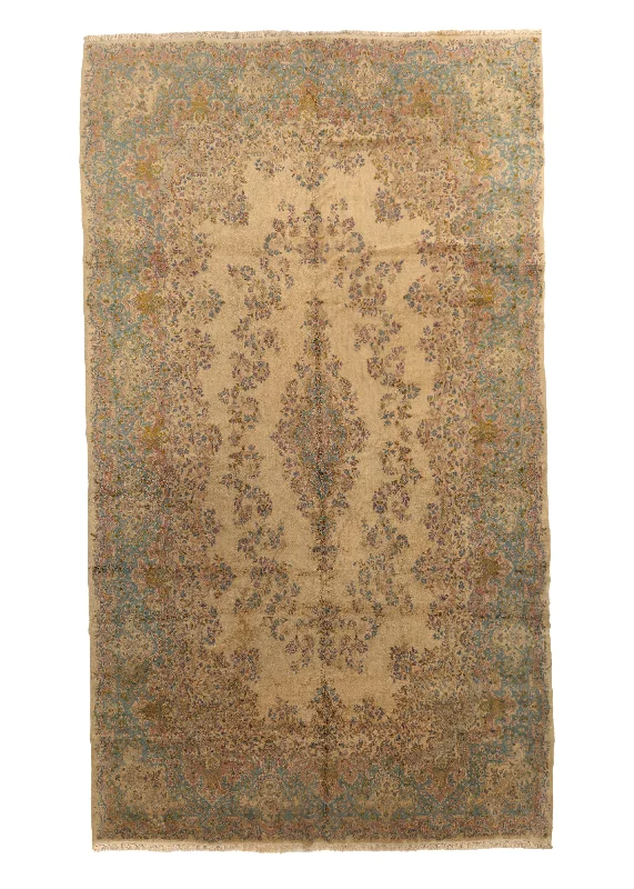 contemporary carpet for urban apartments -Persian Rug Kerman Handmade Area Traditional 11'4"x20'0" (11x20) Whites/Beige Blue Open Field Floral Design #34921