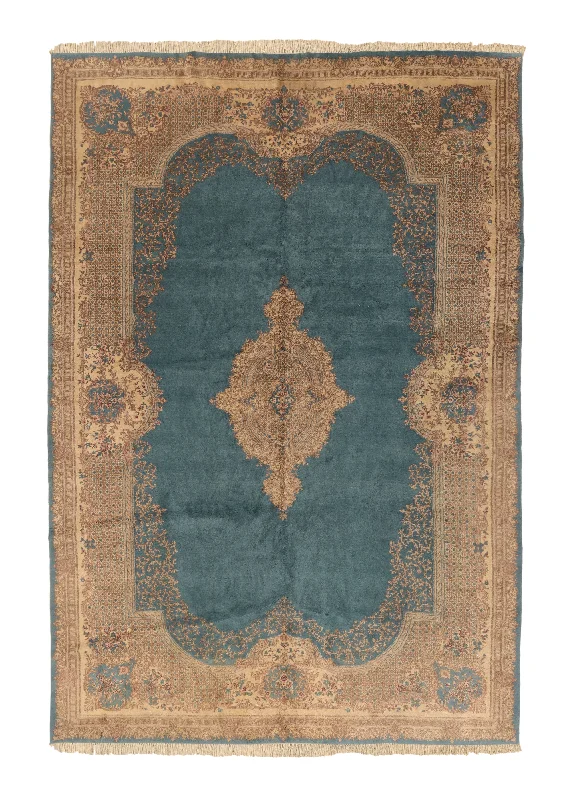 low pile carpet for easy cleaning -Persian Rug Kerman Handmade Area Traditional 11'9"x17'6" (12x18) Blue Whites/Beige Open Field Floral Design #24379