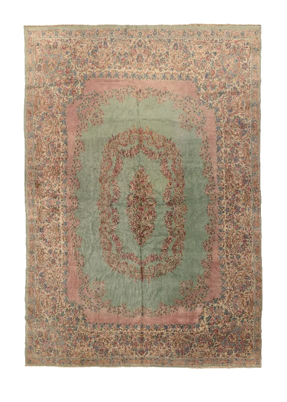 commercial-grade carpet tiles for businesses -Persian Rug Kerman Handmade Area Traditional 13'0"x19'2" (13x19) Green Pink Open Field Floral Design #34252