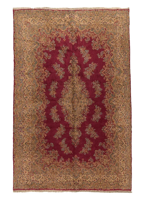 outdoor carpet for patios -Persian Rug Kerman Handmade Area Traditional 13'0"x19'0" (13x19) Red Whites/Beige Open Field Floral Design #13537