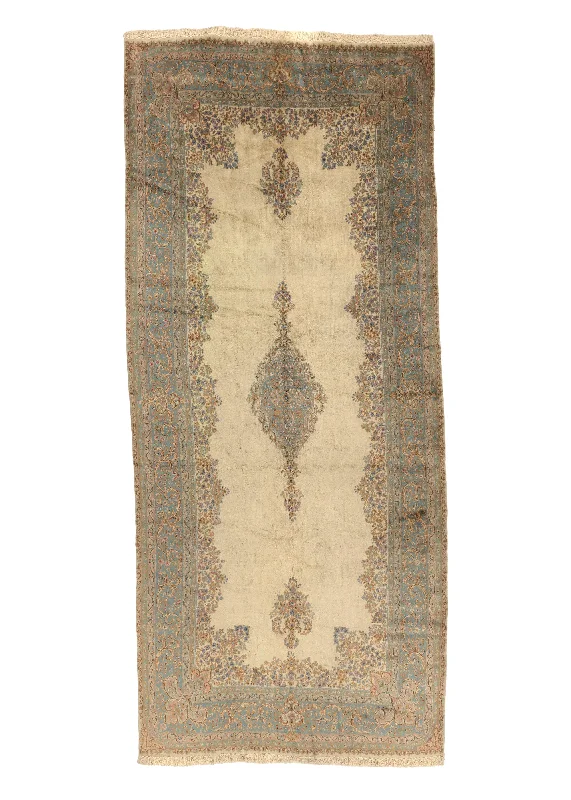 non-toxic carpet for homes with babies -Persian Rug Kerman Handmade Area Traditional 8'10"x19'9" (9x20) Whites/Beige Blue Open Field Floral Design #16372