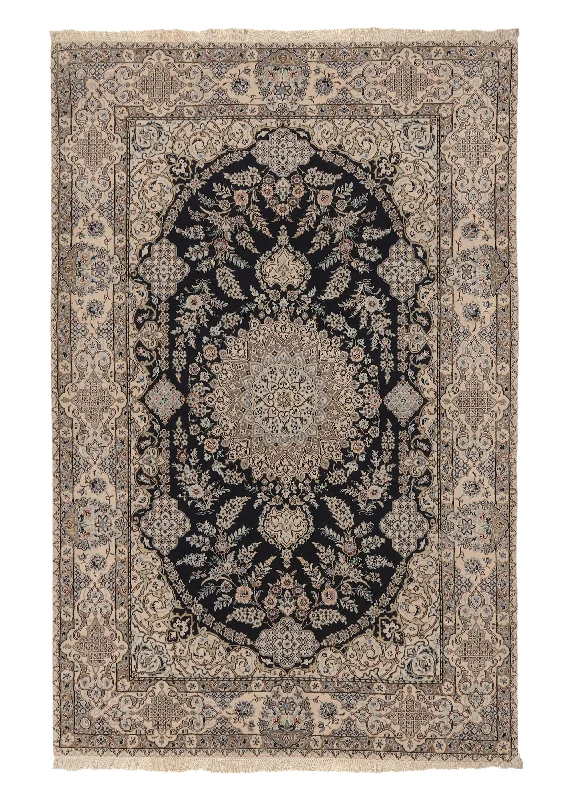 comfortable carpet for home theater seating -Persian Rug Nain Handmade Area Traditional 4'1"x6'5" (4x6) Blue Whites/Beige Floral Design #35984