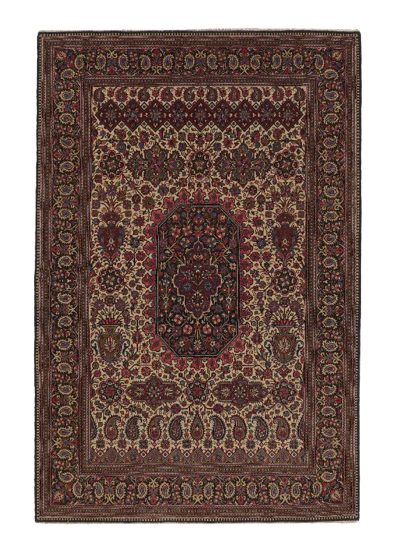 easy-to-maintain carpet for busy families -Persian Rug Qum Handmade Area Traditional 4'7"x7'0" (5x7) Whites/Beige Green Red Paisley/Boteh Design #35949