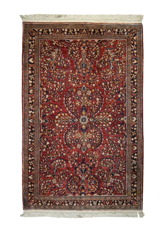 carpet for kitchen with easy cleanup -Persian Rug Sarouk Handmade Area Traditional Antique 3'2"x4'10" (3x5) Red Floral Design #A32943