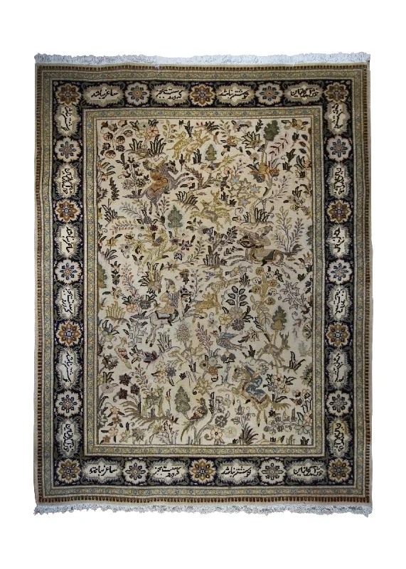 comfortable carpet for kids' playrooms -Persian Rug Tabriz Handmade Area Traditional 4'9"x6'3" (5x6) Whites/Beige Floral Hunting Scene Design #A33102