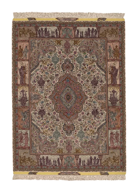 carpet for homes with pets and children -Persian Rug Tabriz Handmade Area Traditional 5'0"x6'7" (5x7) Pink Purple Whites/Beige Naghsh Historical Design #35932