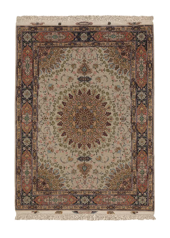 pet-proof carpet for homes with cats and dogs -Persian Rug Tabriz Handmade Area Traditional 4'11"x6'6" (5x7) Whites/Beige Pink Green Naghsh Floral Design #35927