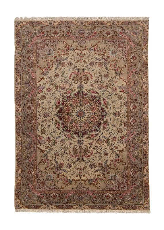 carpet with non-slip backing -Persian Rug Tabriz Handmade Area Traditional 6'7"x9'8" (7x10) Whites/Beige Pink Naghsh Floral Design #35808