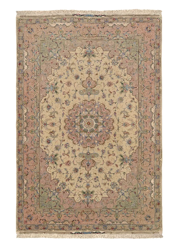 carpet for homes with large open spaces -Persian Rug Tabriz Handmade Area Traditional 6'7"x9'8" (7x10) Whites/Beige Pink Naghsh Floral Design #36131