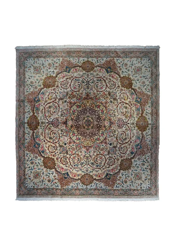 carpet for elderly-friendly home designs -Persian Rug Tabriz Handmade Square Traditional 9'4"x10'0" (9x10) Pink Whites/Beige Green Naghsh Floral Design #A32984