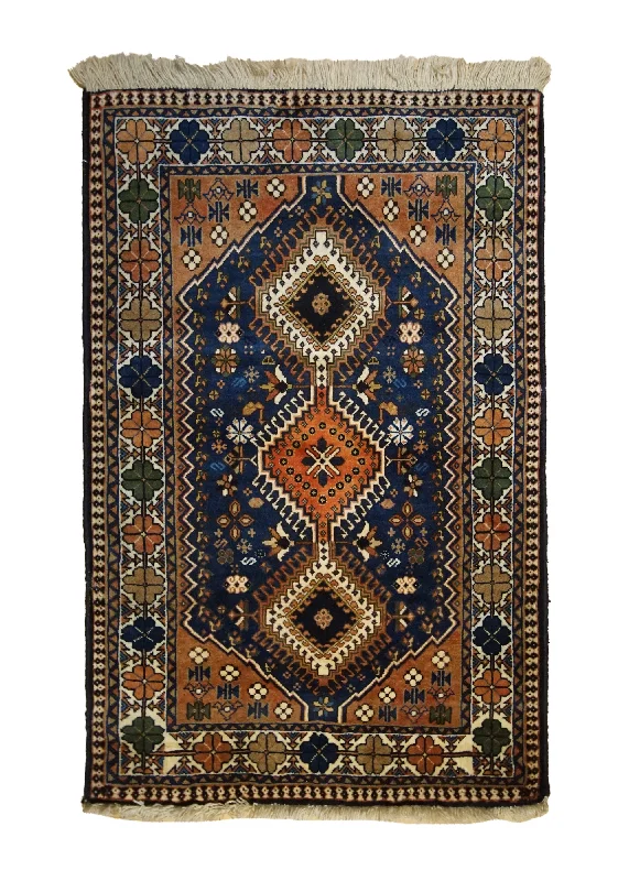 stain-resistant carpet for family households -Persian Rug Yalameh Handmade Area Tribal 2'8"x4'0" (3x4) Blue Whites/Beige Red Geometric Design #A33419