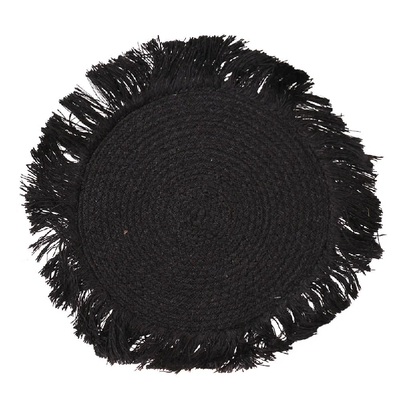 Holiday placemats for festive table settings-Placemat Round Black Palm Fibre Fringed 41cm