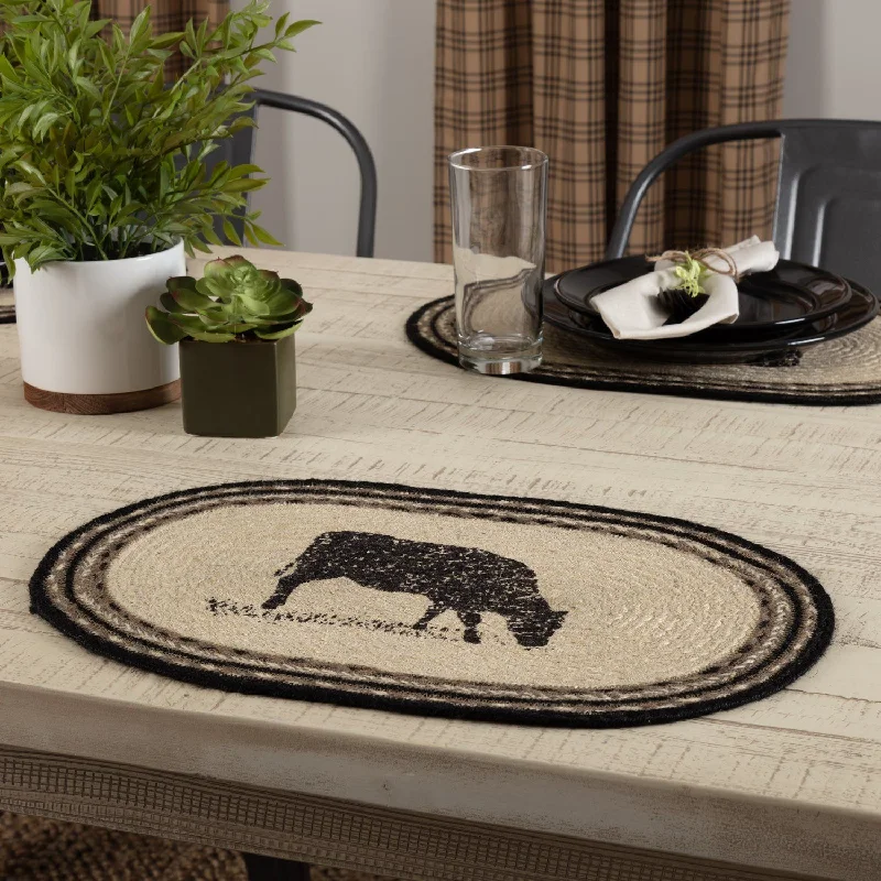 Placemat for banquet table-Sawyer Mill Charcoal Cow Braided Placemat 12x18" - Set of 6