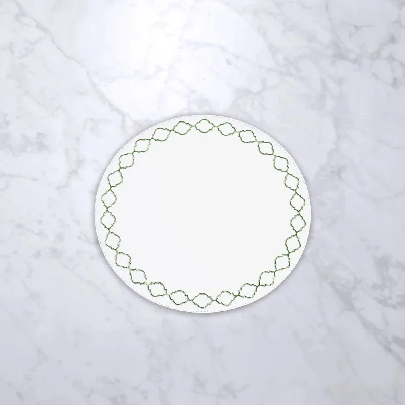 Placemat for formal home dinners-VIDA Round Embroidered Quatrefoil  15.5" Round Placemats Set of 4 (Green)