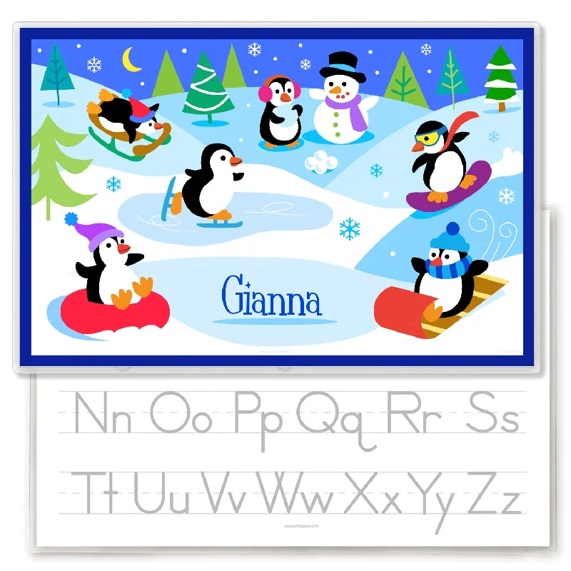 Decorative placemats for kids' meals-Winter Penguins Personalized Kids Placemat