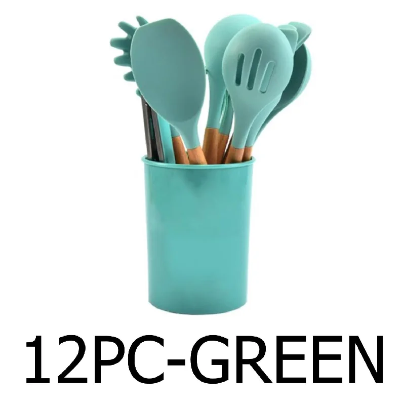 Kitchen tools for glazing-12 PC Green Silicone Utensil Set With Storage Box