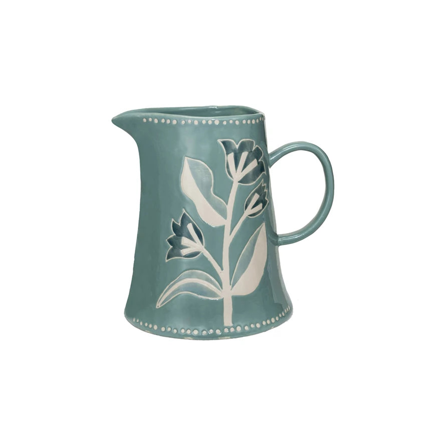 Kitchen tools for calorie counting-Creative Co-op - Stoneware Pitcher with Flower Design