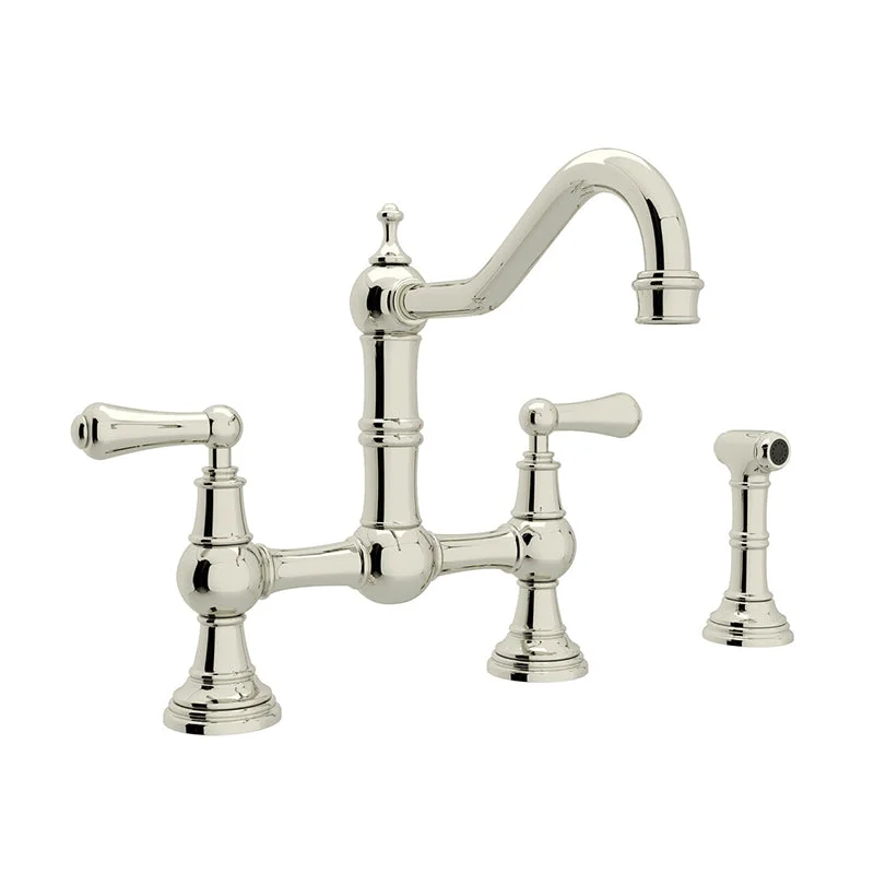 kitchen faucet beach bar-Edwardian Lever Handle Bridge Kitchen Faucet in Polished Nickel