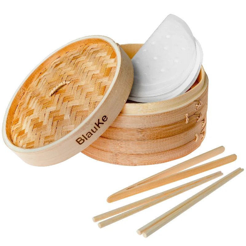 Kitchen tools for fast delivery-2-Tier Bamboo Steamer for Cooking Dumplings, Vegetables, Meat, Fish,