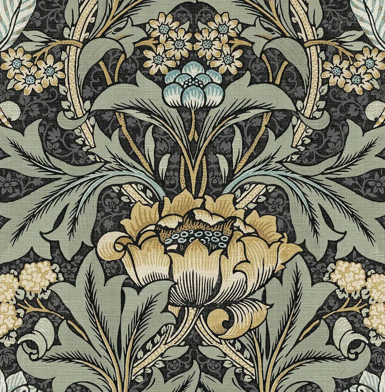 Wallpaper with loop design-Acanthus Floral Peel & Stick Wallpaper in Charocal & Goldenrod