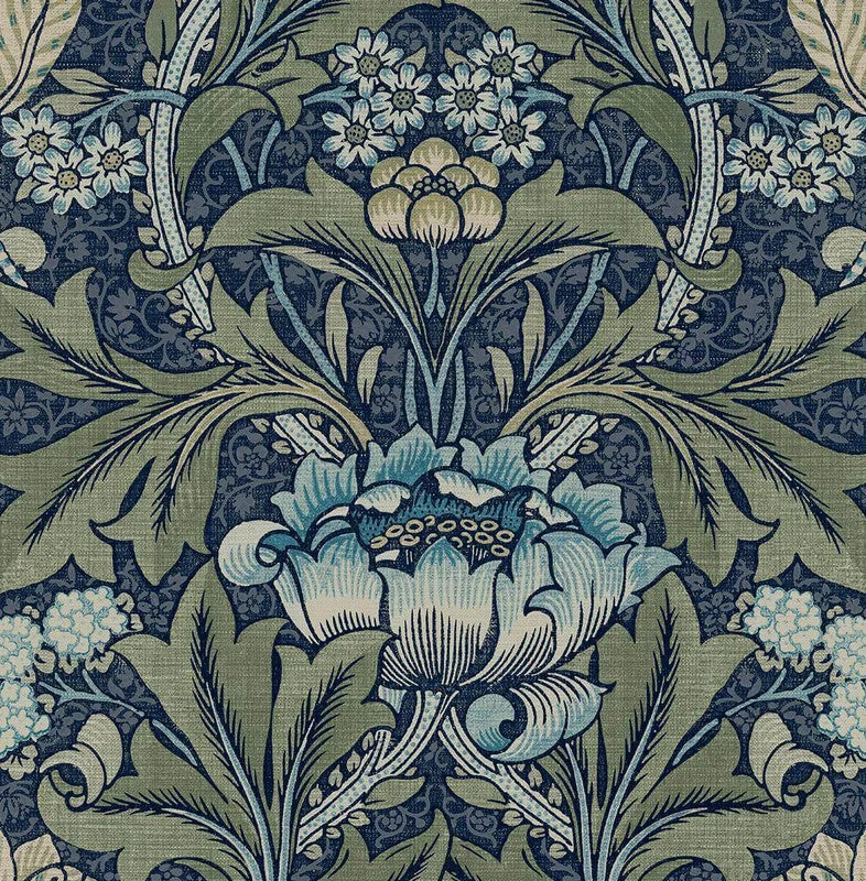 Wallpaper with flare design-Acanthus Floral Peel & Stick Wallpaper in Denim & Sage