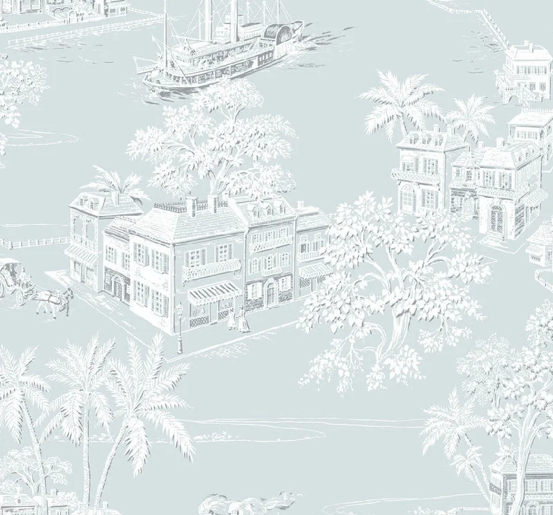 Wallpaper for calm office-Coastline Toile Peel & Stick Wallpaper in Blue Mist