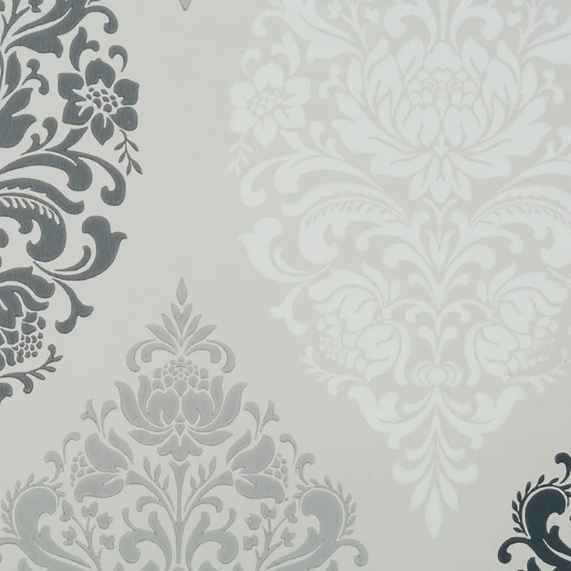 Wallpaper for calm nursery-Damask Modern Wallpaper in Ivory/Grey/Black