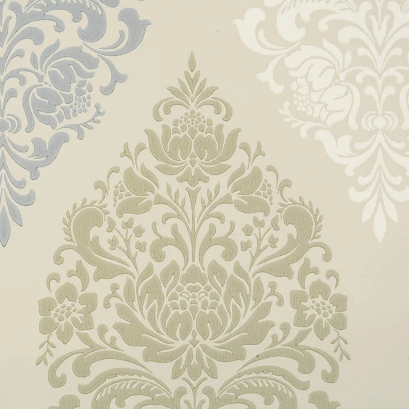 Wallpaper for bold office-Damask Modern Wallpaper in Ivory/Taupe/Blue