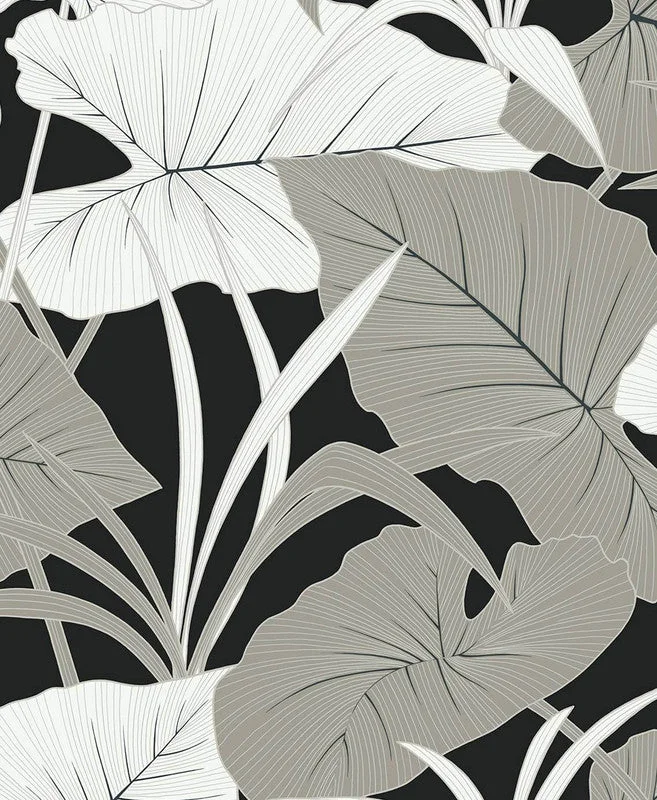 Wallpaper for chic nursery-Elephant Leaves Peel & Stick Wallpaper in Ebony & Metallic Silver