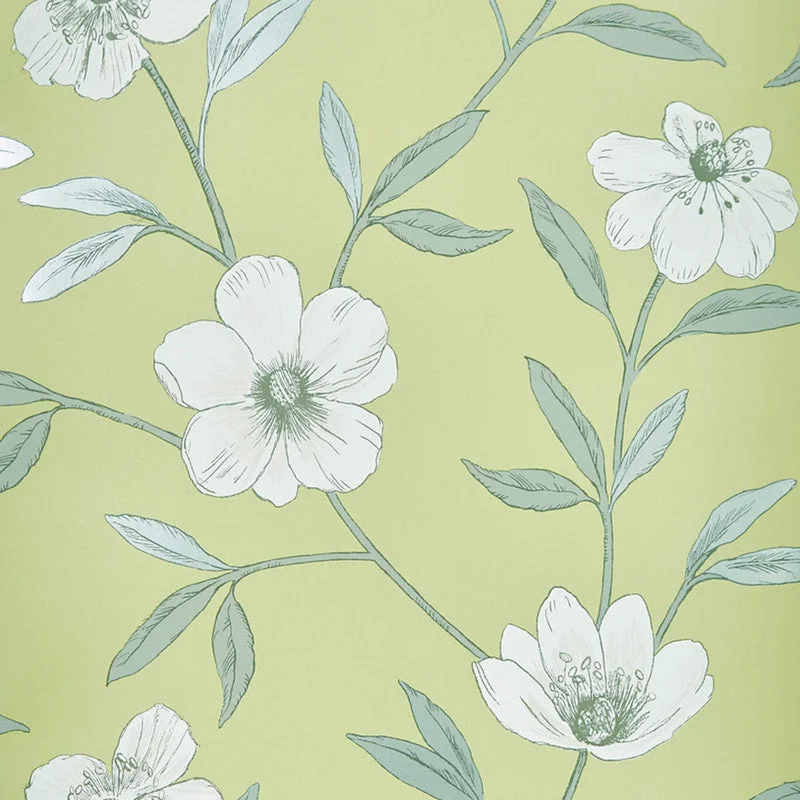 Wallpaper with retro vibes-Floral Large Scale Wallpaper in Citrus Green/Grey