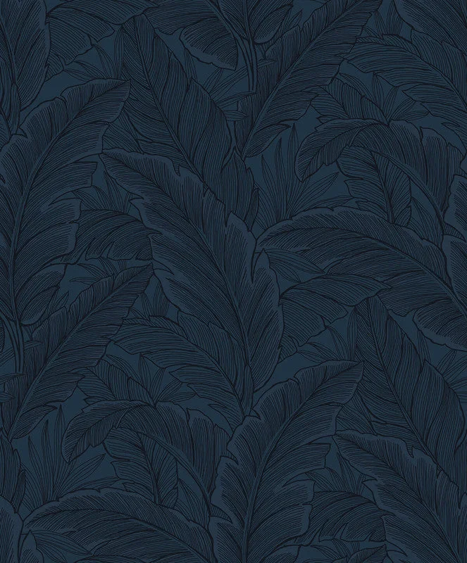 Wallpaper for small bedroom-Gulf Tropical Leaves Wallpaper in Navy Blue