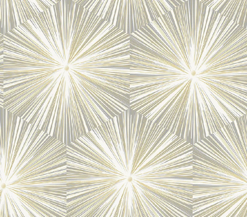 Wallpaper with flow design-Hex Starburst Peel & Stick Wallpaper in Grey & Metallic Gold