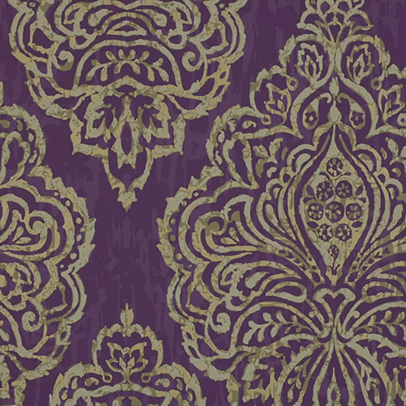 Wallpaper for serene feel-Medallion Abstract Damask Large Wallpaper in Violet/Gold