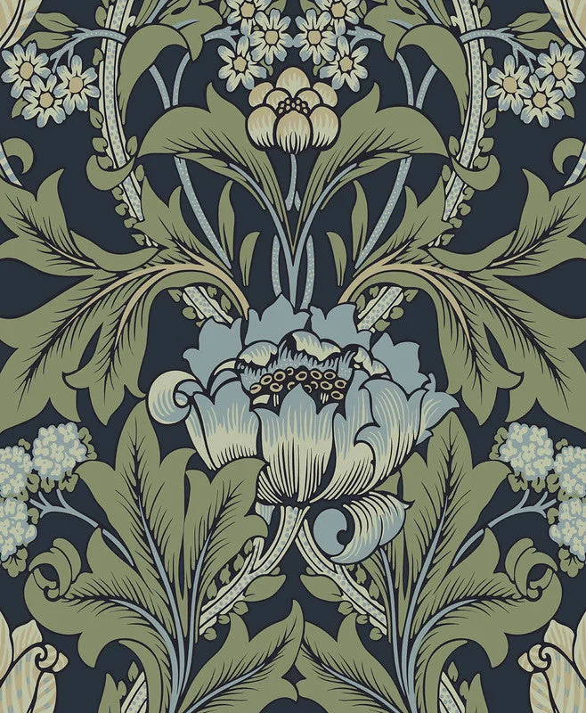 Wallpaper with lily print-Primrose Floral Peel & Stick Wallpaper in Midnight Blue & Sage