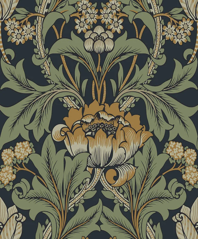 Wallpaper with cool tones-Primrose Garden Wallpaper in Midnight Blue & Goldenrod