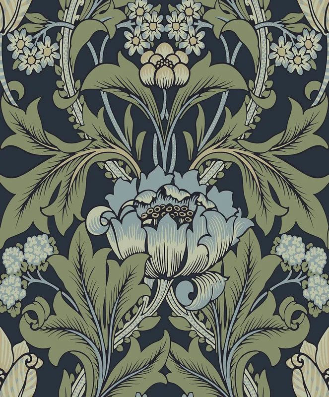 Wallpaper for modern office-Primrose Garden Wallpaper in Midnight Blue & Sage