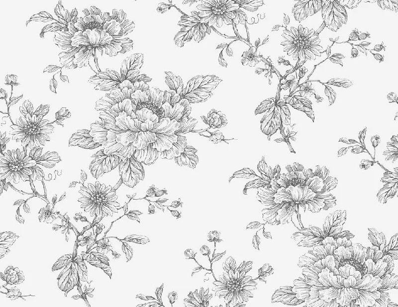 Wallpaper with violet design-Sketched Floral Peel & Stick Wallpaper in Grey